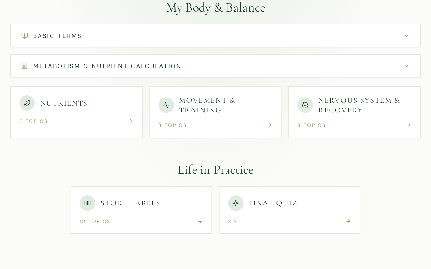 L’Harmony Nutrition Education home screen with closed topics and navigation, without lesson content.