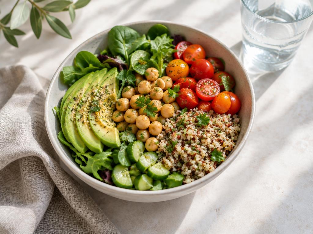 A fresh, colorful balanced meal with vegetables and quinoa